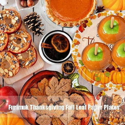 Furimuk 20 Pcs Happy Thanksgiving Disposable Paper Plates Fall Leaf Pumpkin Turkey Orange Harvest Theme Dinner Dessert Plate Tableware for Birthday Wedding Thanksgiving Party Supplies (7")