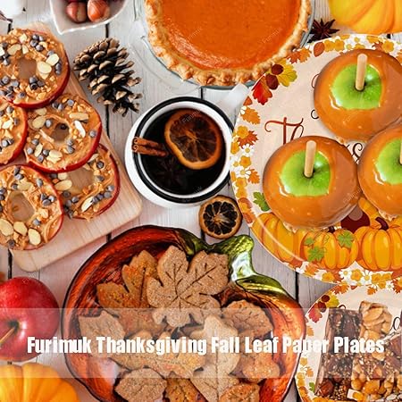 Furimuk 20 Pcs Happy Thanksgiving Disposable Paper Plates Fall Leaf Pumpkin Turkey Orange Harvest Theme Dinner Dessert Plate Tableware for Birthday Wedding Thanksgiving Party Supplies (7")