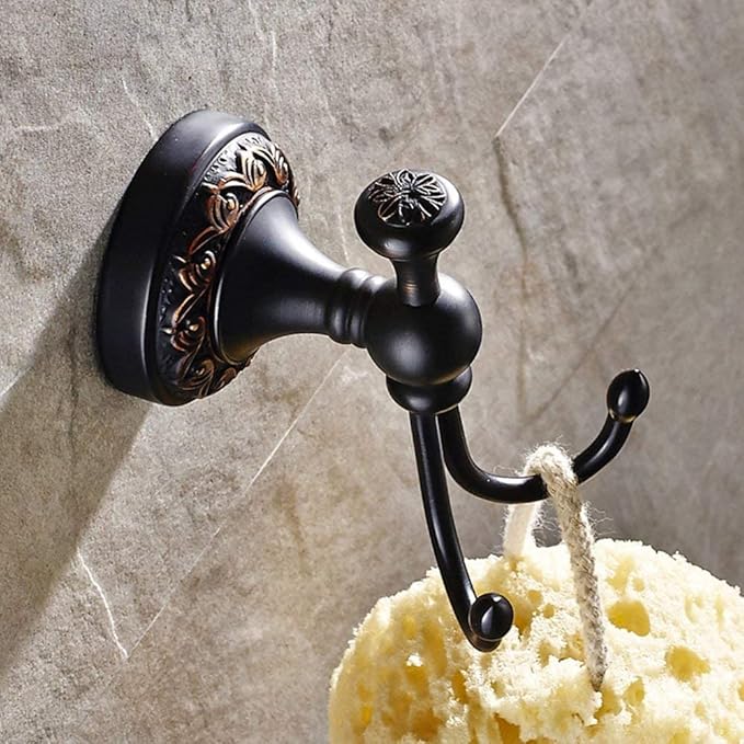 Leyden Oil Rubbed Bronze Towel Hooks, Antique Robe Hooks Brass Coat Double Clothes Hanger for Bathroom