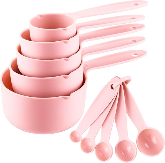 Plastic Measuring Cups and Spoons Set 10, Kids Plastic Measuring Cups and Spoons Set for Kitchen  Baking, Engraved US  Metric Plastic Measuring Cup  Spoons for Cooking Measure Use Pink