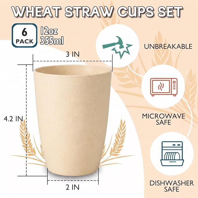 Wrova Wheat Straw Cups 6 PCS Good Alternative to Plastic Reusable Cups 12 oz Unbreakable Drinking Cup Reusable Dishwasher Safe Water Plastic Glasses Beige