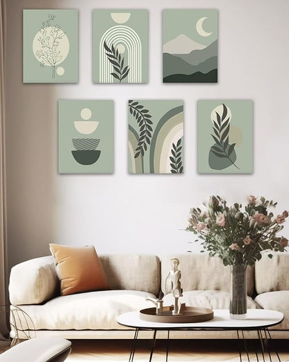 Drsoum Green Boho Wall Art Mid-Century Modern Wall Decor Canvas Framed Print Minimalist Botanical Abstract Geometric Aesthetic Neutral Boho Room Decor for Bedroom, Living Room, Bathroom 12"x16" ,Set