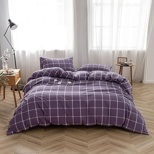 FACE TWO FACE Bedding Duvet Cover Set 3 Pieces 100 Washed Cotton Duvet Cover Linen Like Textured Breathable Durable Soft Comfy(Queen, Purple Grid)