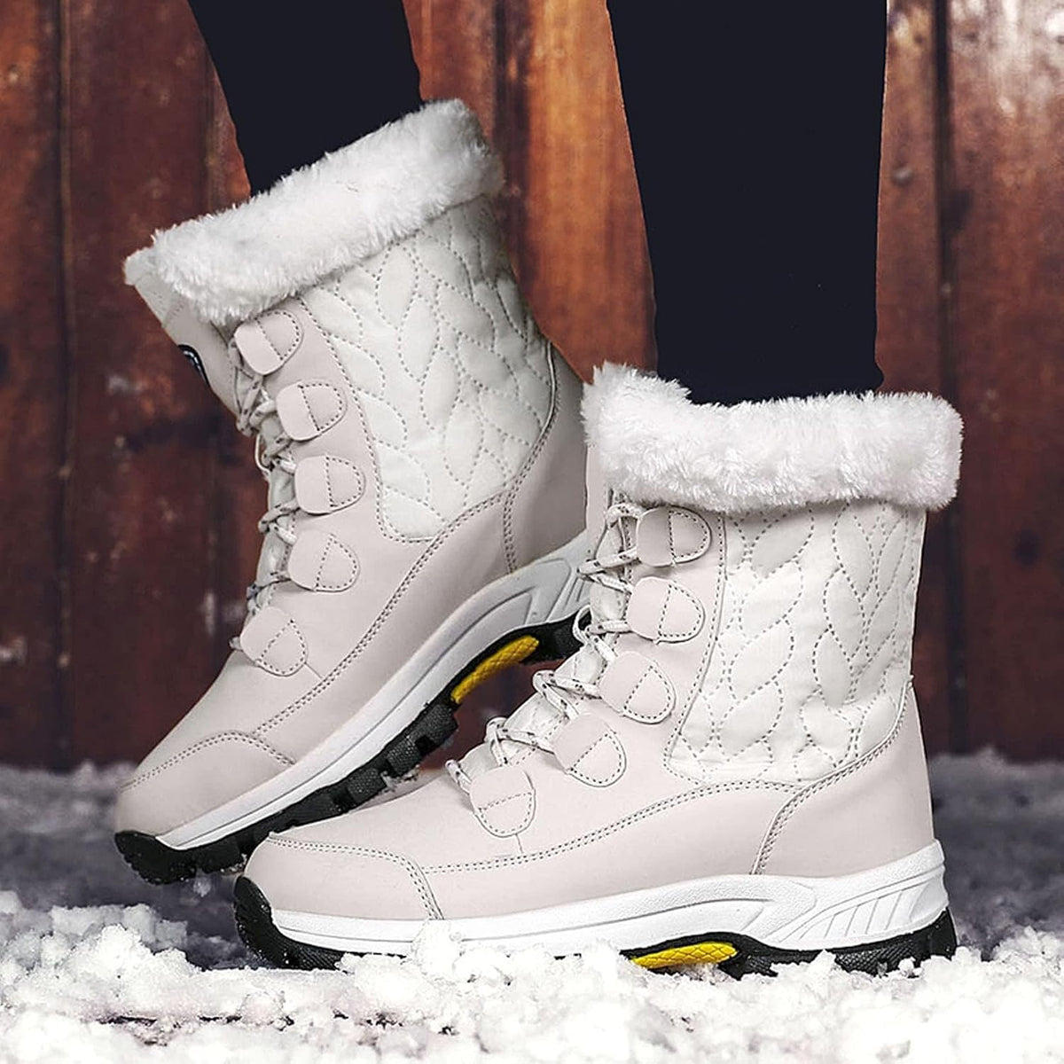 SACFOF Womens Snow Boots Winter Waterproof Warm Fur Lined Mid Calf Booties Lace Up Outdoor Anti-Slip Ankle Boots Walking Winter Shoes