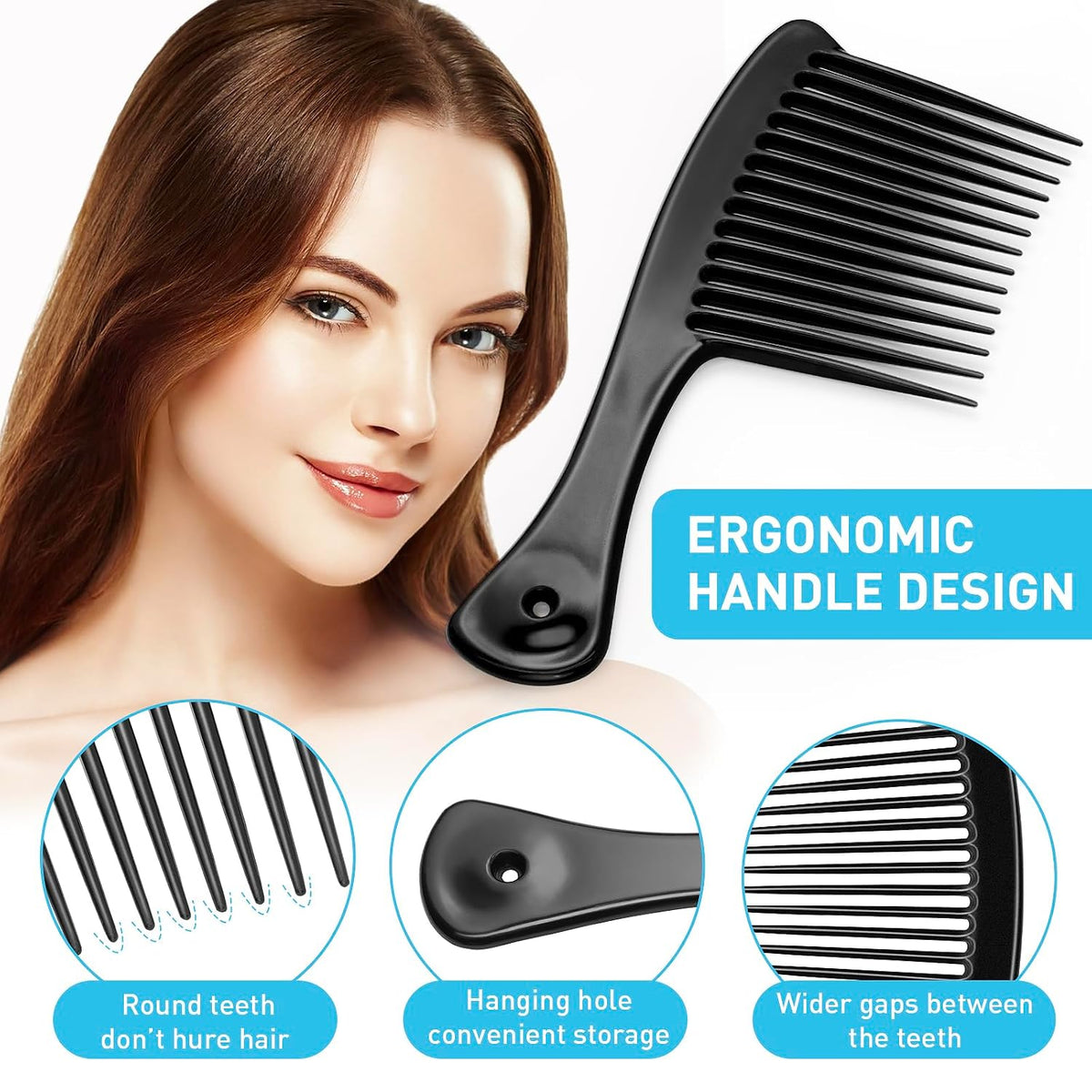 HDAJY Wide Tooth Comb, Large Thickened Hair Comb, Black Shower Combs for Wet Curly Straight Hair, Round Comb Teeth, No Hair Damage
