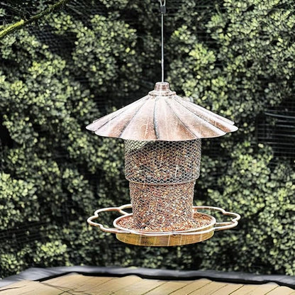 Hanging Bird Feeder with Copper Finish Roof, 15.3 inch Height, Mesh Design, Decorative Flower Base