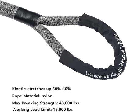 Ucreative 1" x 30' Kinetic Recovery & Tow Rope Kit Max 48,000 lbs Breaking Strength with 2PCS Synthetic Soft Shackles for Off-Road Vehicle 4WD Pick Up Truck SUV (Gray)