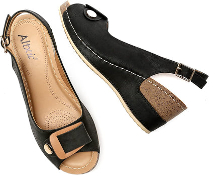 Altxic Women's Peep Toe Bow Hollow Out Slingback Platform Wedge Sandals