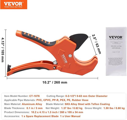 VEVOR PVC Pipe Cutter, Up to 2-12" O.D. Ratchet Pipe Cutter Heavy Duty, Professional Tube Cutting Tool with SK5 Steel Blade  Ergonomic Handle, Uses for PVC, CPVC, PP-R, PEX, PE, Rubber Hose