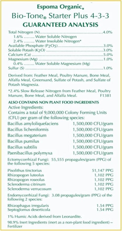 Espoma Organic Bio-Tone Starter Plus 4-3-3 Natural  Organic Starter Plant Food with Both Endo  Ecto Mycorrhizae; 4 lb. Bag; The Ultimate Starter Fertilizer - Pack of 1