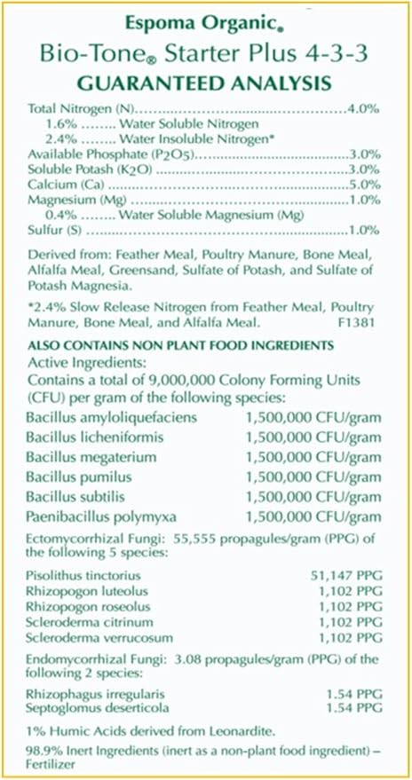 Espoma Organic Bio-Tone Starter Plus 4-3-3 Natural  Organic Starter Plant Food with Both Endo  Ecto Mycorrhizae; 4 lb. Bag; The Ultimate Starter Fertilizer - Pack of 1