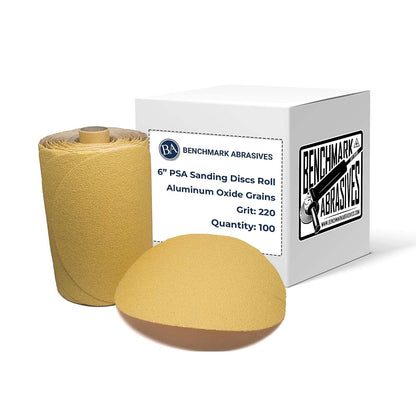 Benchmark Abrasives Professional 6 Inch 20pc, PSA Gold Sanding Discs Aluminum Oxide 220 Grit Surface Blending DA Sandpaper Roll for Automotive and Orbital Sanders (pack of 20)