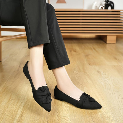 HIULYCENCE Flats for Women Pointed Toe Ballet Flats | Comfortable Knit Breathable Dressy Casual Flats with Bow for Business Work Office Walking Flat Shoes