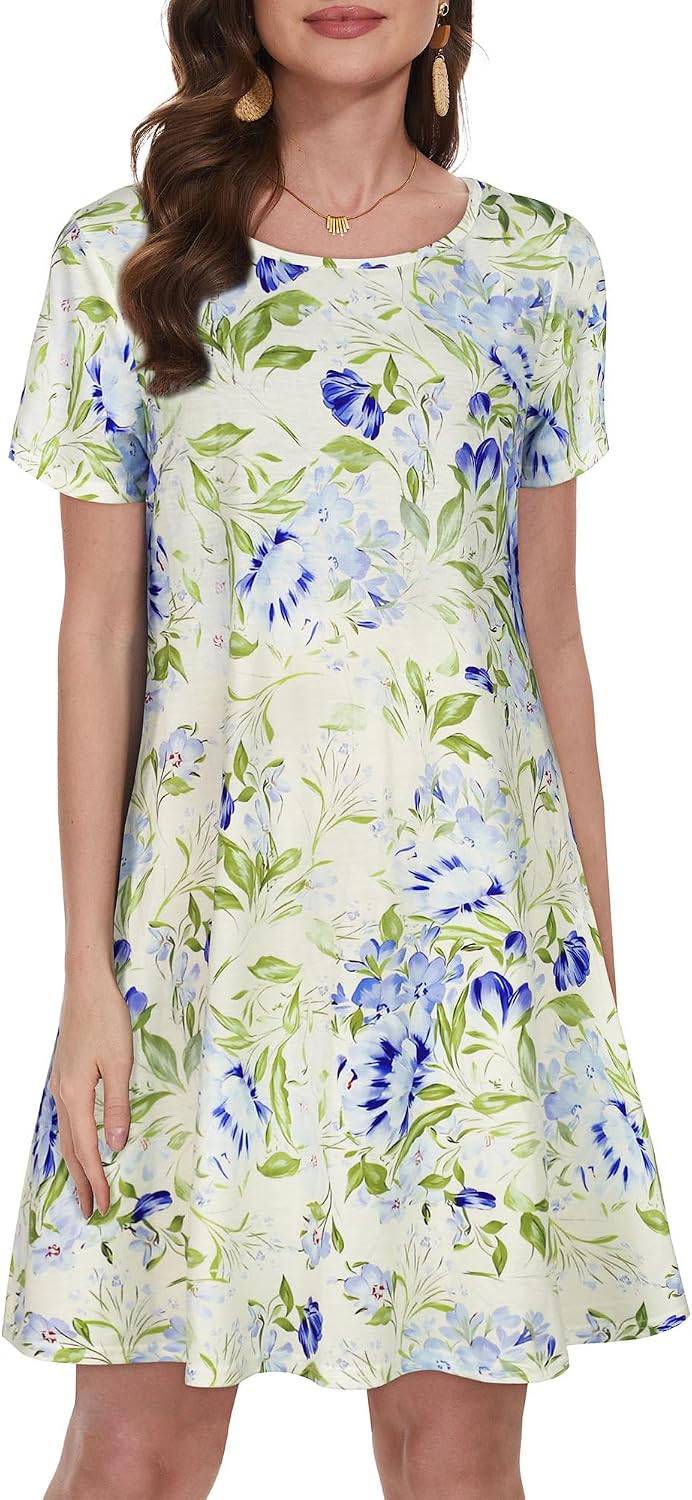 Summer Dresses for Women Casual Tshirt Short Sleeve Floral Sundress Beach Cover Ups with Pockets 2026
