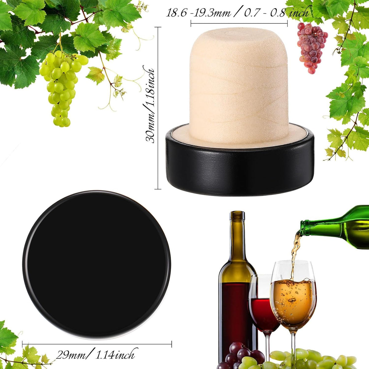 Yookeer 144 Pcs Cork Bottle Stoppers T-Shaped,Black Reusable Wine Sealing Plug for Beer, Natural Cork with Metal Cap, Preserve Freshness, For Home Bar and DIY Craft Use