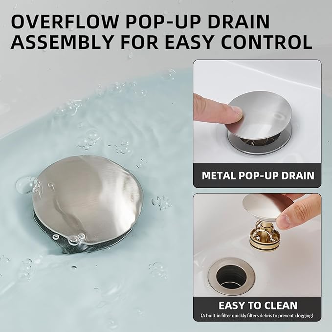 Bathroom Sink Stopper Pop Up with Overflow, Pop Up Sink Drain Strainer, Brushed Nickel