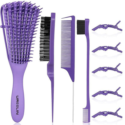 Detangling Brush set,Detangler Hair Brush with Teasing & Edge Brush for Curly Hiar, Rat Tail Comb Alligator Hair Clips for 3a to 4c Kinky Wavy/Curly/Coily/Wet/Dry/Oil/Thick/Long Hair(Purple)