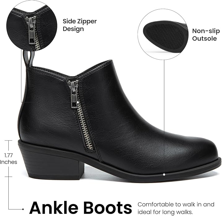 Athlefit Women's Chunky Low Heel Short Ankle Boots with Side Zipper | Comfortable Almond Toe Fall Booties, Suitable for Daily Wear, Casual Outing, Walking, Office Work