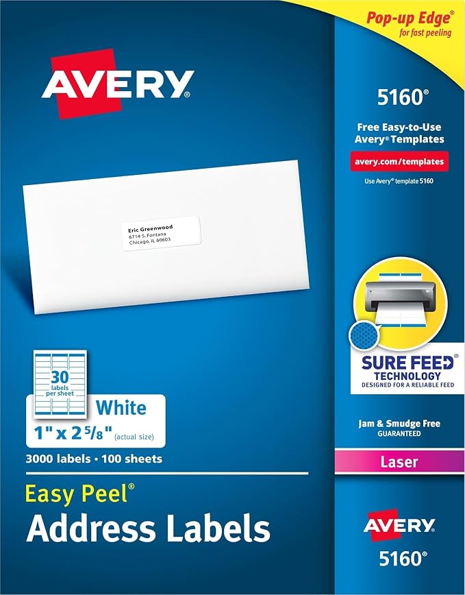 Avery Easy Peel Printable Address Labels with Sure Feed, 1" x 2-5/8" Customizable Stickers, White, 3,000 Blank Mailing Labels, Great for Mailing, Shipping, and More (5160) -Missing original packaging.