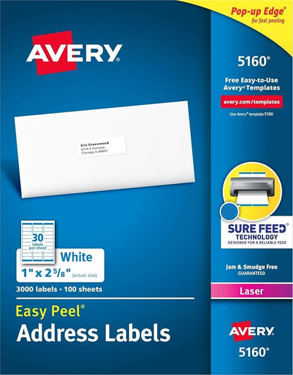 Avery Easy Peel Printable Address Labels with Sure Feed, 1" x 2-5/8" Customizable Stickers, White, 3,000 Blank Mailing Labels, Great for Mailing, Shipping, and More (5160) -Missing original packaging.