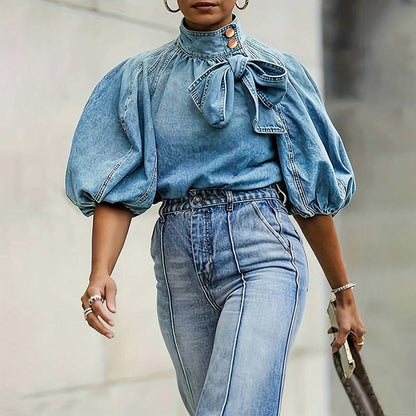 Rothstone Women's Bow Design Denim Pullover Top Button Up High Neck Fashionable Jacket With Elastic And Puff Sleeves.