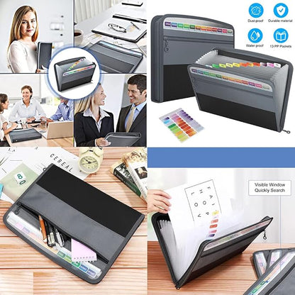 Magik 1-2 13-Pocket Accordion Document Organizer Expanding File Folder Sticky Label (1 Pack, Black)