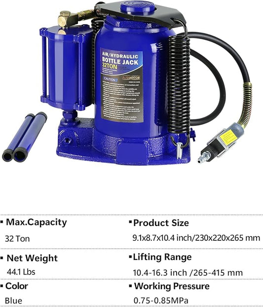 HomVent Pneumatic Air Hydraulic Bottle Jack, 32 Ton Car Bottle Jack Hydraulic with 10.4-16.3 Inch Lifting Range and 2-Section Long Handle for Car, Pickup Truck, Truck, RV, Auto Repair (Blue, 32 Ton)