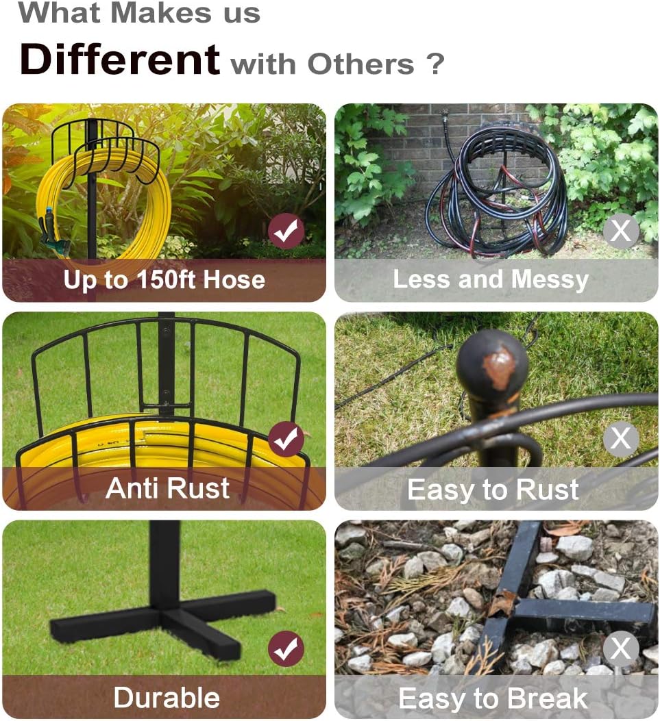 Freestanding Garden Hose Holder Hanger, Outdoor Heavy Duty Metal Water Hose Storage Holders Stand Organizer Rack Detachable Stake, Holds 150 Ft of Hoses for Outside Lawn Yard, Black
