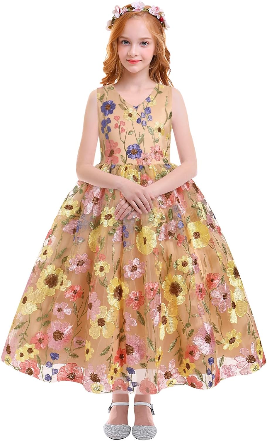 Girls Mesh Flower Embroidered Dress Illusion Tulle Mesh Embroidery Dress for Girls Flower Girls Dresses for Wedding Birthday