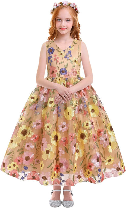 Girls Mesh Flower Embroidered Dress Illusion Tulle Mesh Embroidery Dress for Girls Flower Girls Dresses for Wedding Birthday