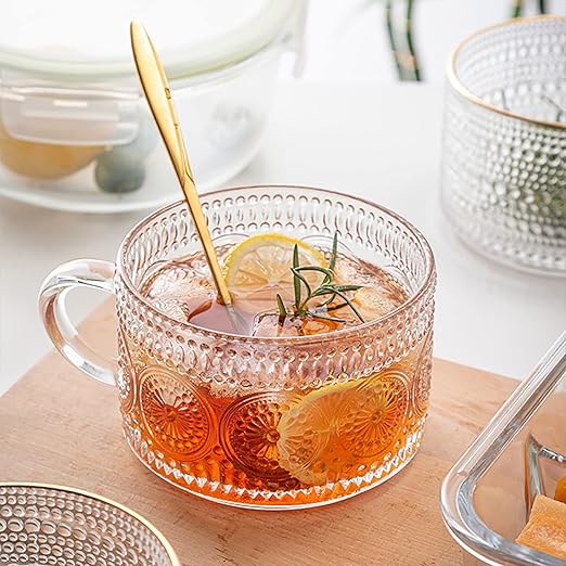 RAZURE Vintage Glass Coffee Mug Milk Cup, Clear Embossed Breakfast Cups Oats Containers, Drinking Glass Cups Gift for Women Office Personal(Clear 400ml)
