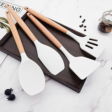 1pc White Silicone Flexible Spatula Set with Wooden Handle, Heat Resistant Cooking Utensils Rubber Spatula Non-Stick Flexible Scrapers Baking Mixing Tool