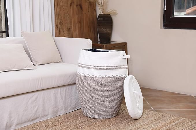 26"x20" Tall Extra Large Storage Basket with Lid, Cotton Rope Storage Baskets, Woven Hamper with Cover, Clothes Bin, WhiteDeep Camel White Mix