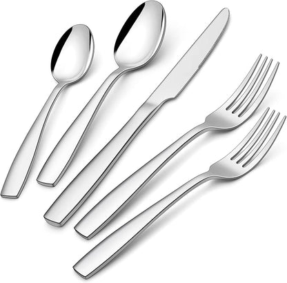 E-far 40-Piece Heavy Duty Silverware Set for 8, Stainless Steel Flatware Cutlery Set, Thick Metal Tableware Eating Utensils Include Forks Spoons Knives, Square Edge & Mirror Polished, Dishwasher Safe