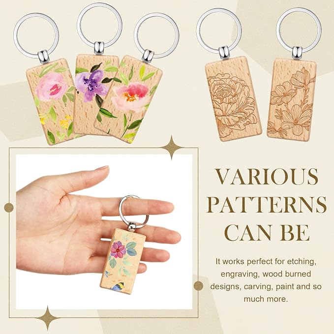 Yinkin 100 Pcs Wooden Keychain Blanks Bulk Laser Engraving Key Chain Unfinished Wooden Key Ring Tag for DIY Gift Crafts (Rectangle
