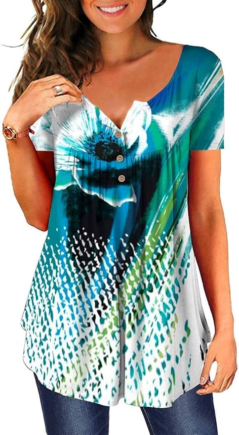 Kwoki Women's Floral Tunic Tops Casual Blouse V Neck Short Sleeve Buttons Up Ruffled T-Shirts