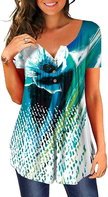 Kwoki Women's Floral Tunic Tops Casual Blouse V Neck Short Sleeve Buttons Up Ruffled T-Shirts