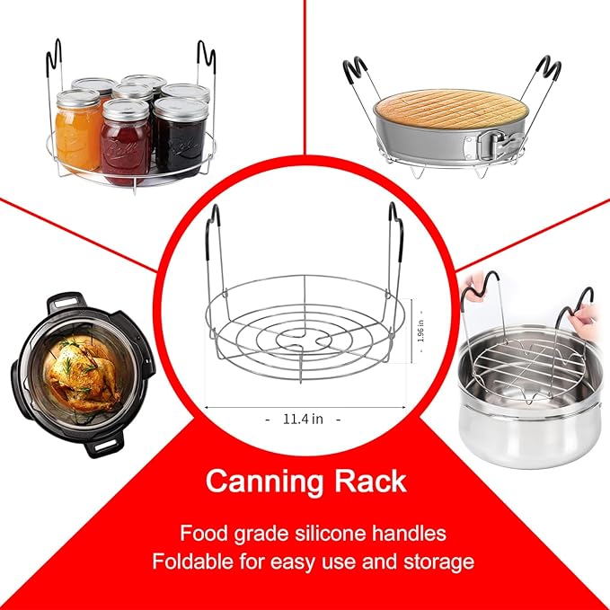 Canning Supplies Starter Kit - 7 Pieces Stainless Steel Canning Set Tools: Steamer Rack,Canning Funnel,Jar Lifter,Wrench, Tongs,Lid LifterBubble Remover Tool, for CannerPot, Beginner (Red)