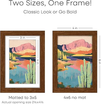 Homeforia 4x6 Brown Picture Frame Wood, High End 4x6 Dark Wooden Frames for Wall or Tabletop, Photo Frames 4 x 6 Brown with Mat 3x5, Tempered Glass, Wall Kit, Set of 1