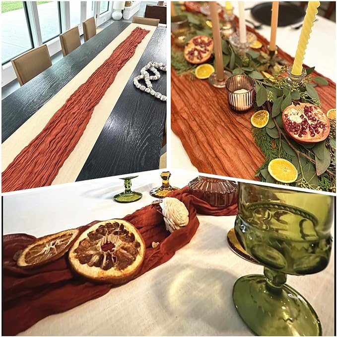 1 Pack Cheesecloth Table Runner, 10FT 35x120 inch Rust Red Table Cloth, Boho Rustic Gauze Dusty for Baby Shower Decor, Mothers Day, Bridal Shower, Wedding, Thanksgiving, Christmas, Birthday Decor