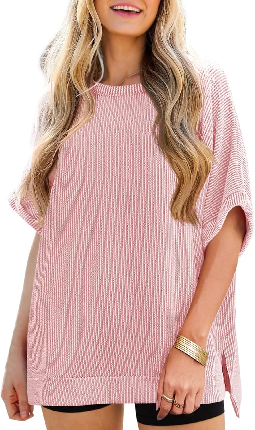 Tankaneo Womens Oversized T Shirts Summer Casual Ribbed Batwing Short Sleeve Tunic Tops Loose Fit Dolman Sleeve Tees