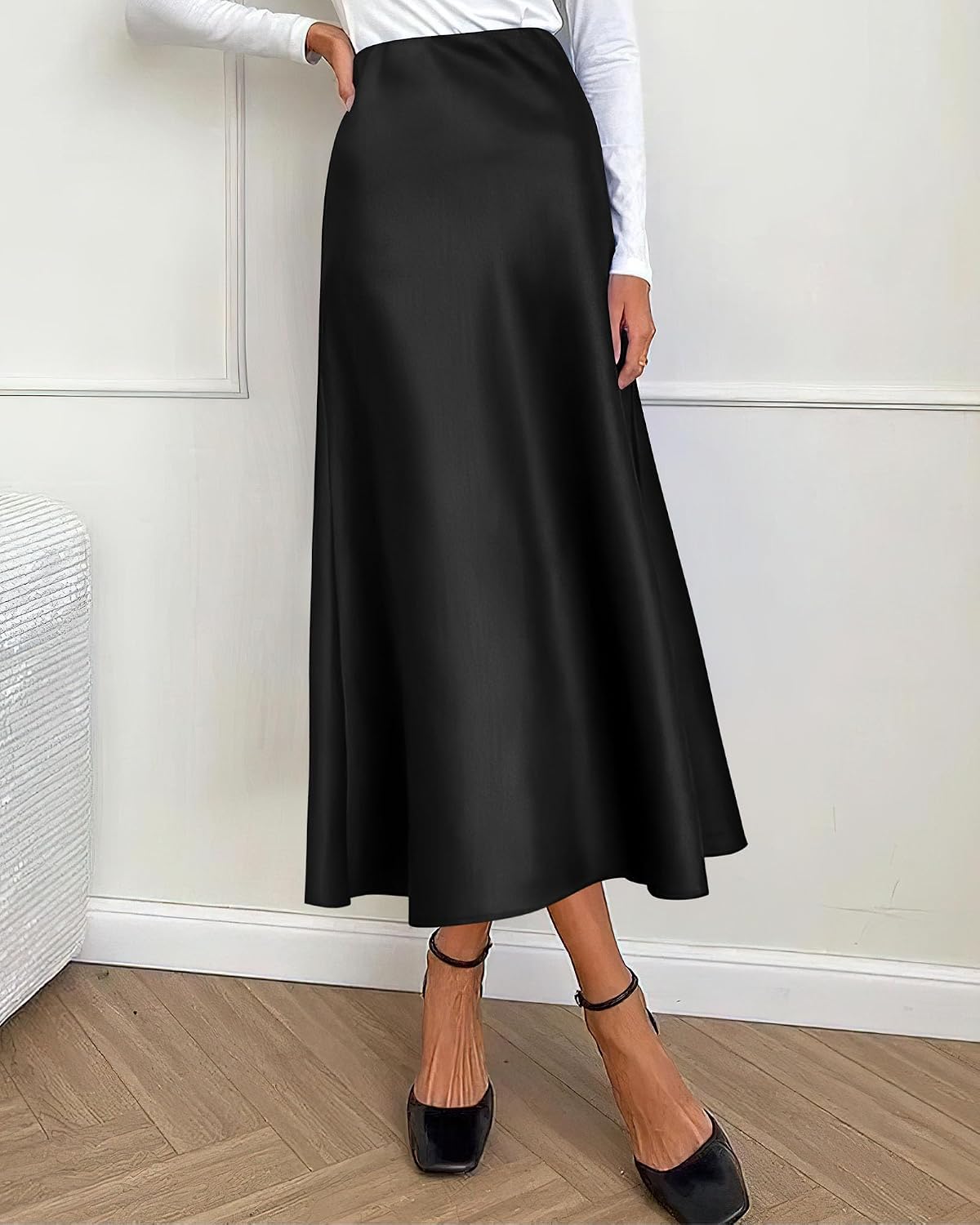 High-quality satin midi skirt from BTFBM, flowy A-line silhouette, elegant design, perfect for any special occasion.