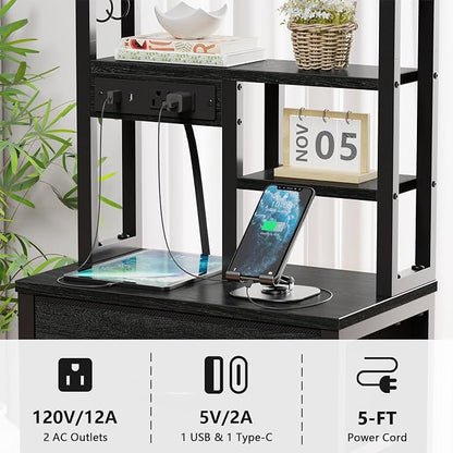 Tall Nightstand, LED Night Stand with Charging Station and USB Ports, 4 Fabric Drawers and 4 Tier Storage Shelf, Nightstands Bedside Tables for Bedroom, Dorm, Office (Black Oak)