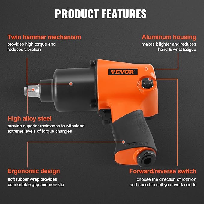 VEVOR Air Impact Wrench, 1/2" Drive Air Impact Gun Up to 880ft-lbs Nut-busting Torque, 7500RPM Lightweight Pneumatic Tool for Auto Repairs and Maintenance