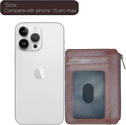 CATCH ON Small Wallet Women & Men, Slim Minimalist Faux Leather Front Pocket Credit Card Holder With Zipper Pocket (brown)
