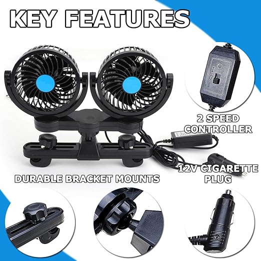 VaygWay 12v Car Cooling Fan Ai 1 Pack 360 Degree Rotatable Car Fan Ai Electric 2 Speed Dual Head Ai Cigarette Lighter Travel Camping Fan Ai Universal Car Truck RV SUV G (1)