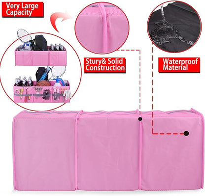 Homeve Large Collapsible Trunk Organizer with Multi Pockets, 3 Compartments Storage Organizer for Car, SUV, Minivan, PinkA