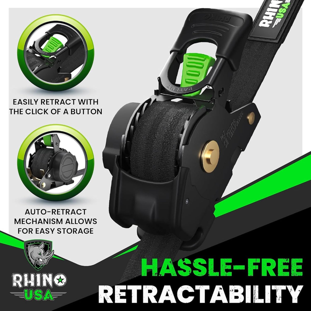 Rhino USA Retractable Ratchet Straps (4-Pack) - 1in x 10ft, Black 1,209lb Break Strength, Auto Self Retracting Design. For Truck, Cargo Trailer, Motorcycle, ATV & UTV Tie Downs. Black