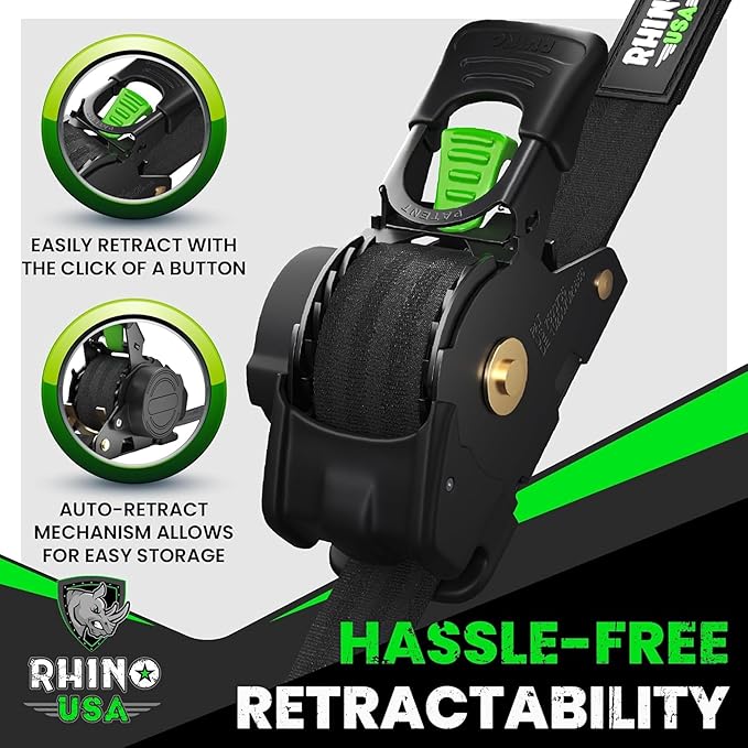 Rhino USA Retractable Ratchet Straps (4-Pack) - 1 Inch x 10 Feet (1,209lb Break Strength) - Heavy Duty Auto Self Retracting Tie Down Straps for Truck, Cargo Trailer, Motorcycle, Rad  More - Black