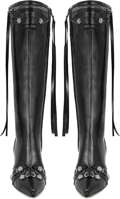 Sleek pointed-toe knee-high boots with stiletto heel, rivets, and tassels - a stylish statement piece. You don't want to miss it! https://a.co/d/0eSH5bug